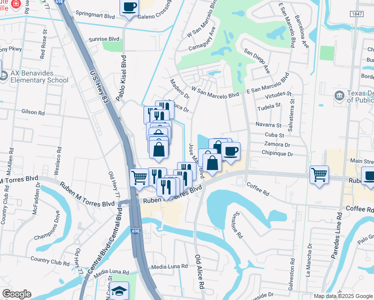 map of restaurants, bars, coffee shops, grocery stores, and more near 341 Jose Marti Boulevard in Brownsville