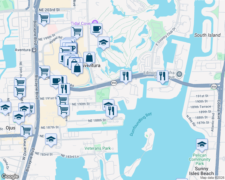 map of restaurants, bars, coffee shops, grocery stores, and more near 3300 Northeast 191st Street in Aventura