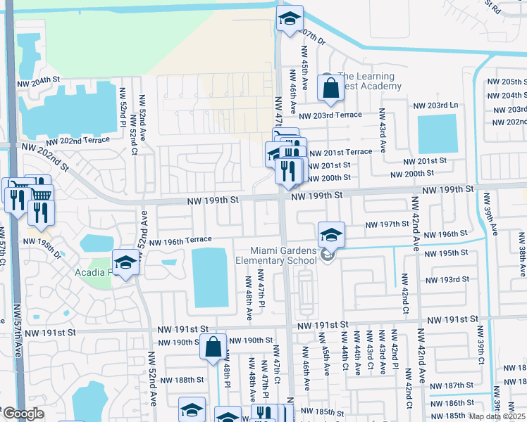 map of restaurants, bars, coffee shops, grocery stores, and more near 19710 Northwest 47th Place in Miami Gardens