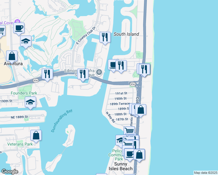 map of restaurants, bars, coffee shops, grocery stores, and more near 19120 North Bay Road in Sunny Isles Beach