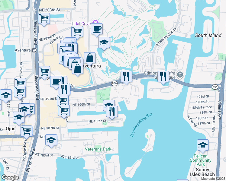 map of restaurants, bars, coffee shops, grocery stores, and more near 3300 Northeast 191st Street in Aventura
