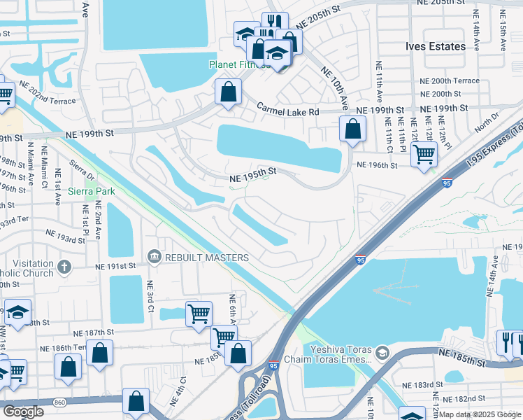 map of restaurants, bars, coffee shops, grocery stores, and more near 675 Northeast 193rd Street in Miami