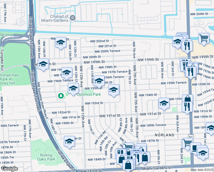 map of restaurants, bars, coffee shops, grocery stores, and more near 1031 Northwest 195th Street in Miami Gardens