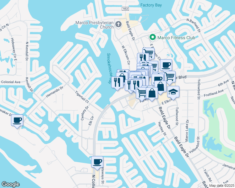 map of restaurants, bars, coffee shops, grocery stores, and more near 724 North Collier Boulevard in Marco Island