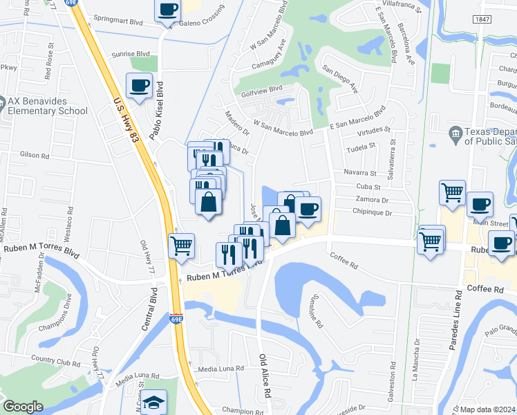 map of restaurants, bars, coffee shops, grocery stores, and more near 494 Jose Marti Boulevard in Brownsville