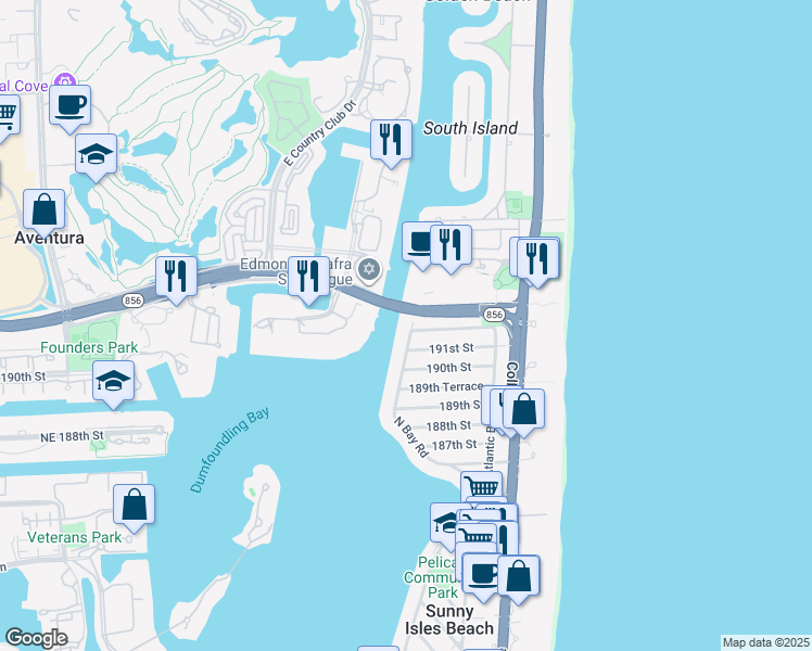 map of restaurants, bars, coffee shops, grocery stores, and more near 19120 North Bay Road in Sunny Isles Beach