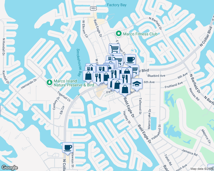 map of restaurants, bars, coffee shops, grocery stores, and more near 933 North Collier Boulevard in Marco Island