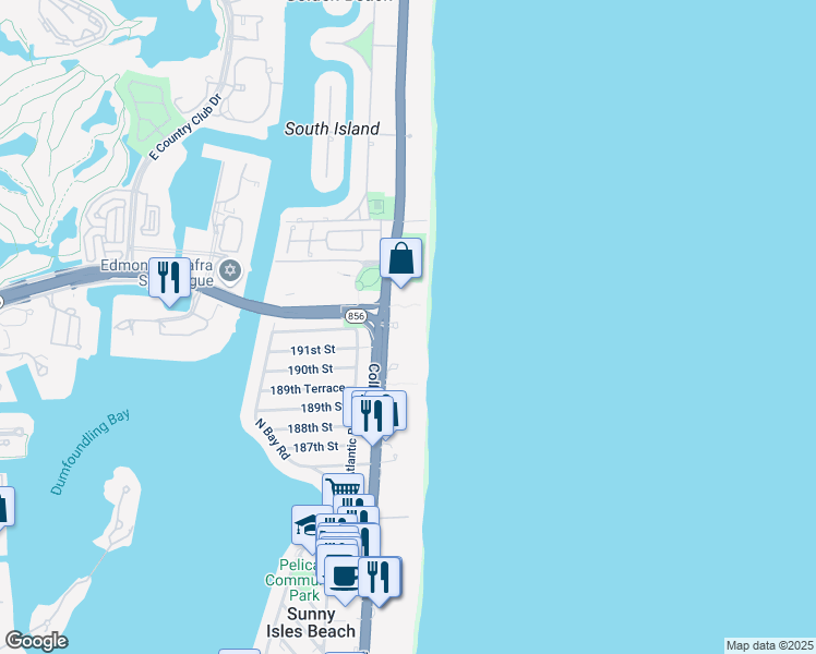 map of restaurants, bars, coffee shops, grocery stores, and more near in Sunny Isles Beach