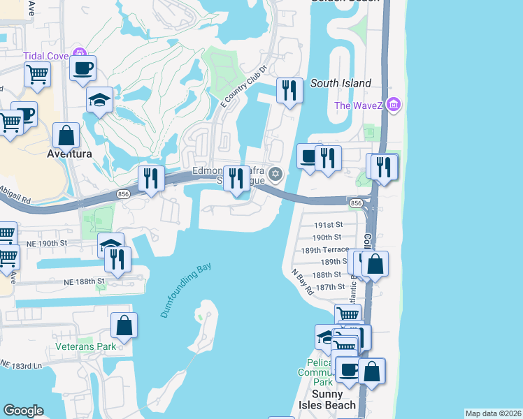 map of restaurants, bars, coffee shops, grocery stores, and more near 3595 Mystic Pointe Drive in Aventura