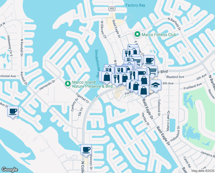 map of restaurants, bars, coffee shops, grocery stores, and more near 724 North Collier Boulevard in Marco Island