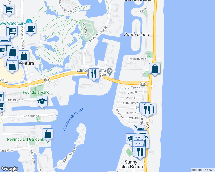 map of restaurants, bars, coffee shops, grocery stores, and more near 3595 Mystic Pointe Drive in Aventura
