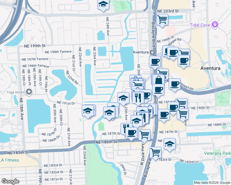 map of restaurants, bars, coffee shops, grocery stores, and more near 19212 Northeast 25th Avenue in Miami