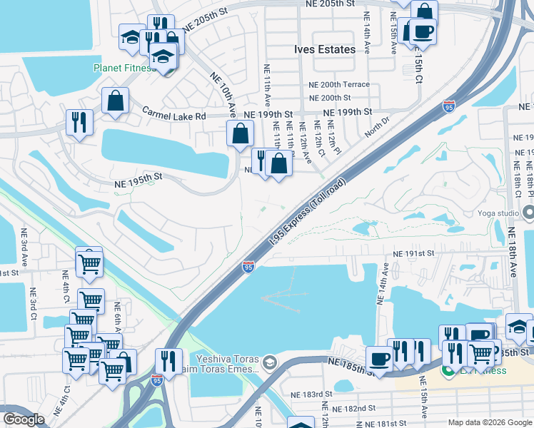 map of restaurants, bars, coffee shops, grocery stores, and more near 19377 Northeast 10th Avenue in North Miami Beach