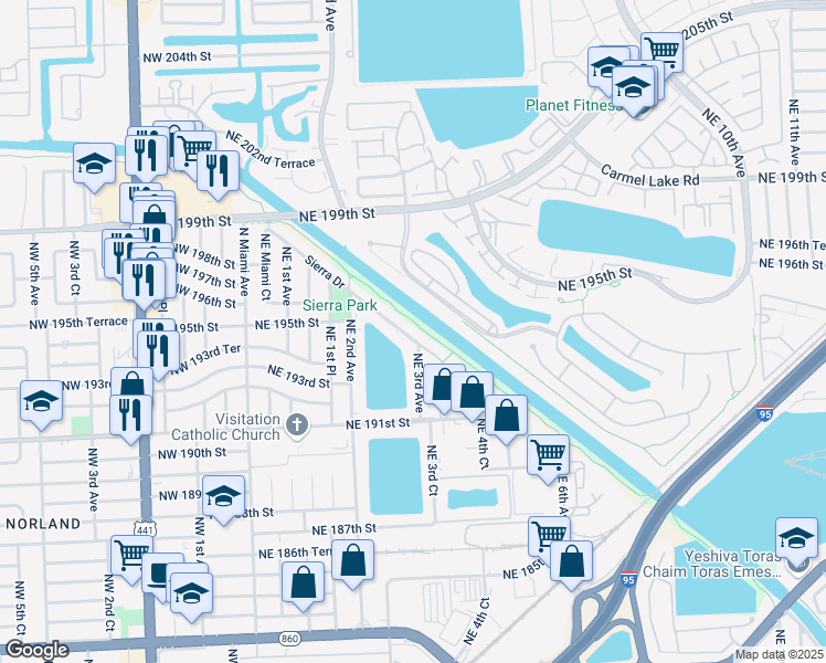 map of restaurants, bars, coffee shops, grocery stores, and more near 295 Sierra Drive in Miami