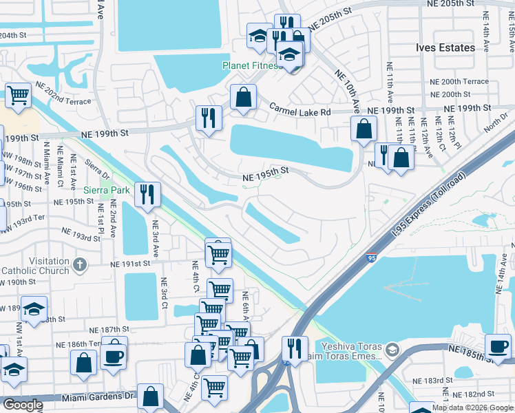 map of restaurants, bars, coffee shops, grocery stores, and more near 624 Northeast 193rd Street in Miami