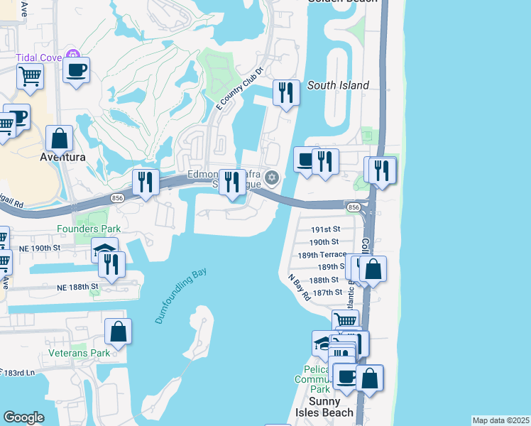 map of restaurants, bars, coffee shops, grocery stores, and more near 19195 Mystic Pointe Drive in Aventura
