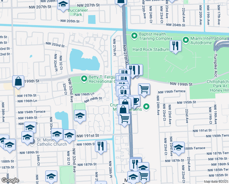 map of restaurants, bars, coffee shops, grocery stores, and more near 2850 Northwest 196th Street in Miami Gardens