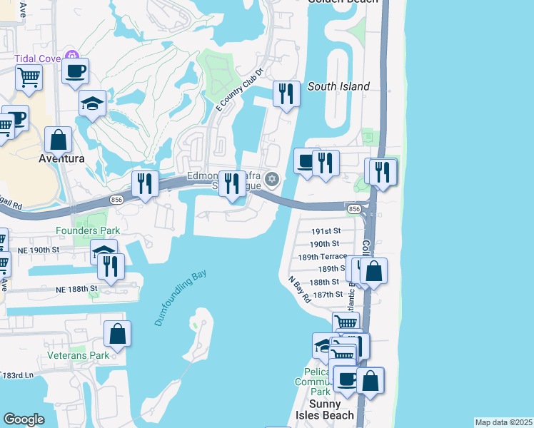 map of restaurants, bars, coffee shops, grocery stores, and more near 3595 Mystic Pointe Drive in Aventura