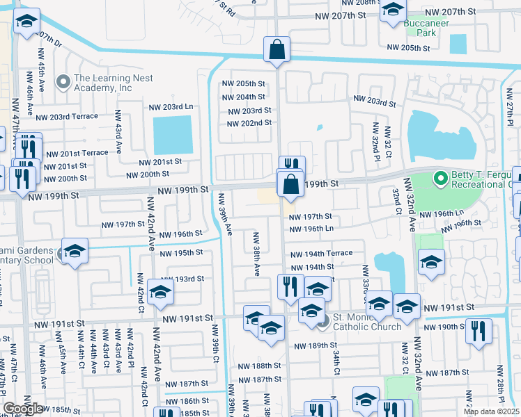map of restaurants, bars, coffee shops, grocery stores, and more near 3765 Northwest 197th Street in Miami Gardens