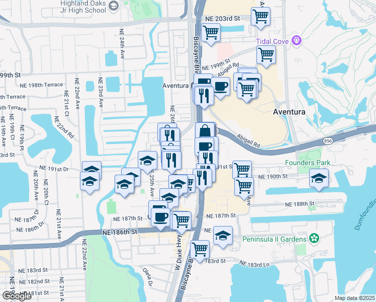 map of restaurants, bars, coffee shops, grocery stores, and more near 19251 West Dixie Highway in Miami