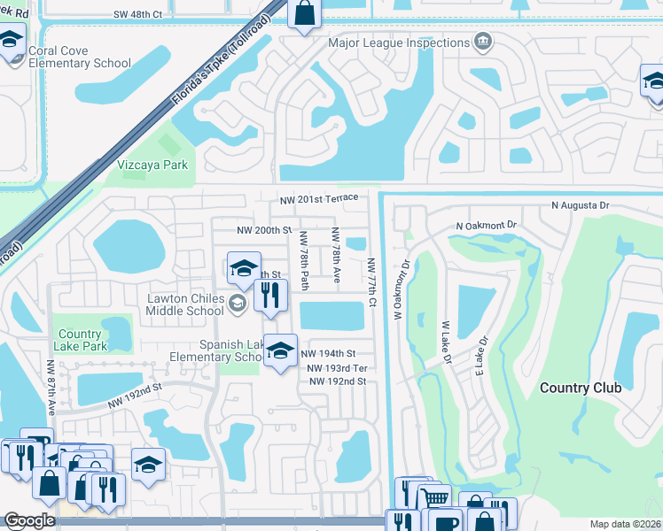 map of restaurants, bars, coffee shops, grocery stores, and more near 7852 Northwest 198th Court in Hialeah