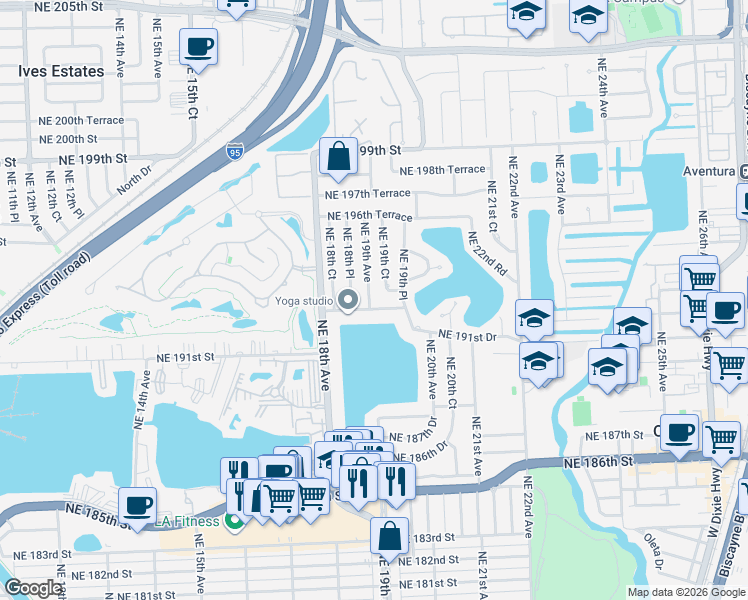 map of restaurants, bars, coffee shops, grocery stores, and more near 1910 Northeast 192 Street in Miami