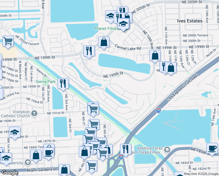 map of restaurants, bars, coffee shops, grocery stores, and more near 628 Northeast 193rd Street in Miami