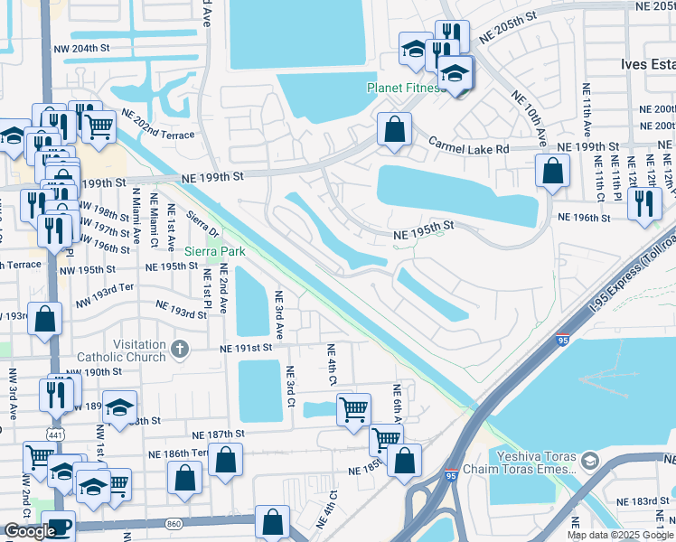 map of restaurants, bars, coffee shops, grocery stores, and more near 476 Northeast 194th Terrace in Miami