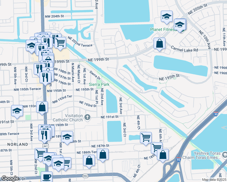 map of restaurants, bars, coffee shops, grocery stores, and more near 280 Sierra Drive in Miami