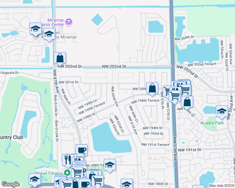 map of restaurants, bars, coffee shops, grocery stores, and more near 19929 Northwest 62nd Avenue in Hialeah