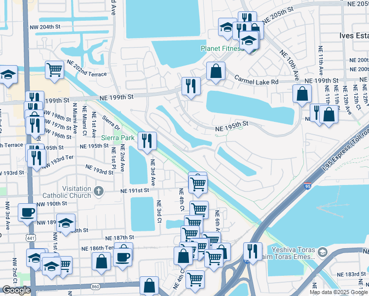 map of restaurants, bars, coffee shops, grocery stores, and more near 476 Northeast 194th Terrace in Miami