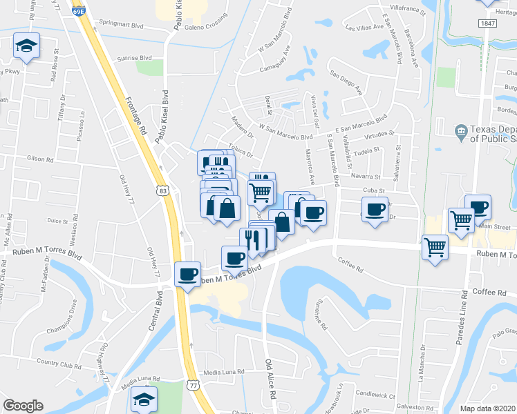 map of restaurants, bars, coffee shops, grocery stores, and more near 401 Jose Marti Boulevard in Brownsville