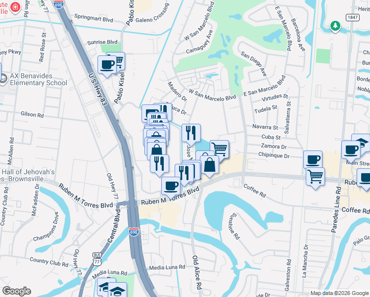 map of restaurants, bars, coffee shops, grocery stores, and more near 494 Jose Marti Boulevard in Brownsville