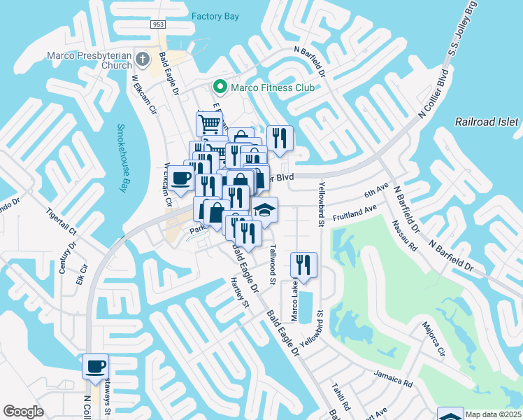 map of restaurants, bars, coffee shops, grocery stores, and more near 650 East Elkcam Circle in Marco Island