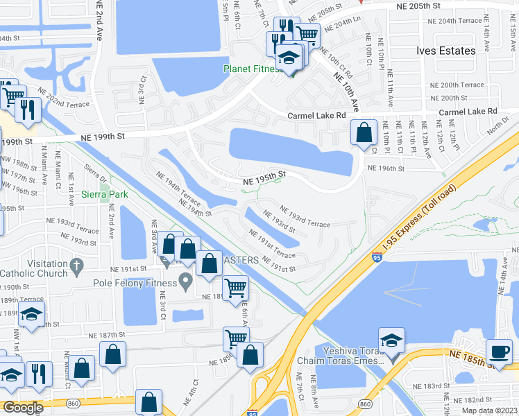 map of restaurants, bars, coffee shops, grocery stores, and more near 624 Northeast 193rd Street in Miami