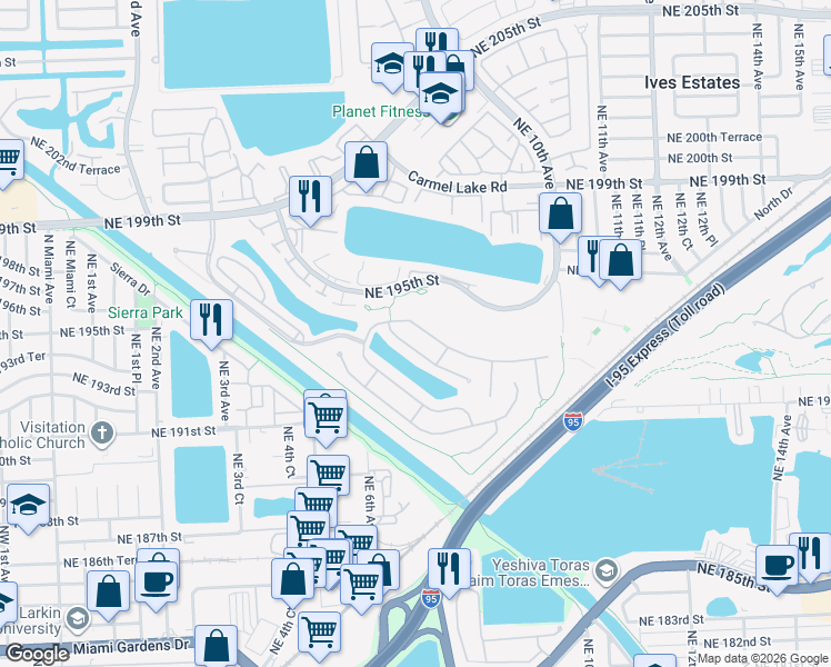 map of restaurants, bars, coffee shops, grocery stores, and more near 675 Northeast 193rd Street in Miami