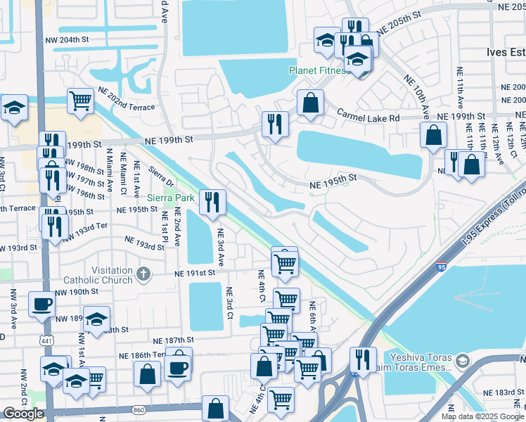 map of restaurants, bars, coffee shops, grocery stores, and more near 476 Northeast 194th Terrace in Miami