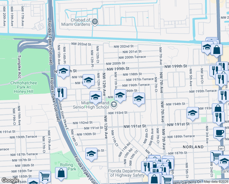 map of restaurants, bars, coffee shops, grocery stores, and more near 1091 Northwest 195th Street in Miami