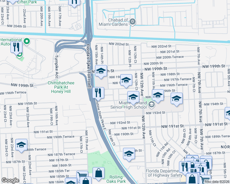 map of restaurants, bars, coffee shops, grocery stores, and more near 1402 Northwest 196th Street in Miami
