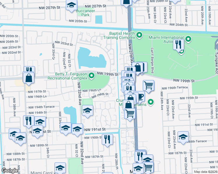 map of restaurants, bars, coffee shops, grocery stores, and more near 19613 Northwest 29th Place in Miami Gardens