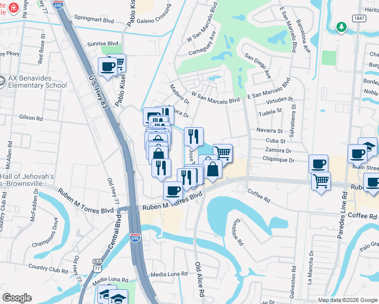 map of restaurants, bars, coffee shops, grocery stores, and more near 494 Jose Marti Boulevard in Brownsville