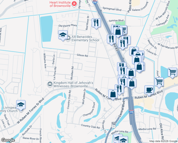 map of restaurants, bars, coffee shops, grocery stores, and more near 451 Dulce Street in Brownsville