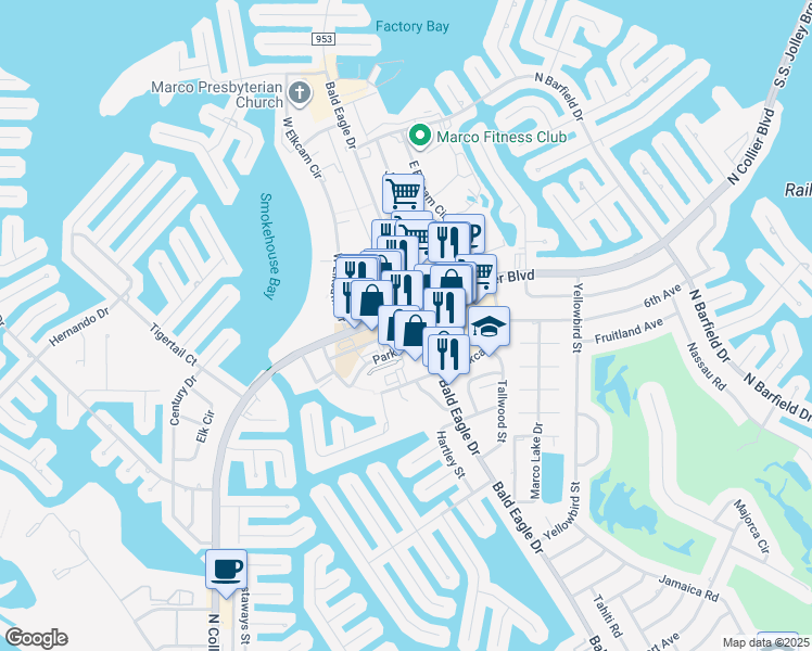 map of restaurants, bars, coffee shops, grocery stores, and more near 606 Bald Eagle Drive in Marco Island