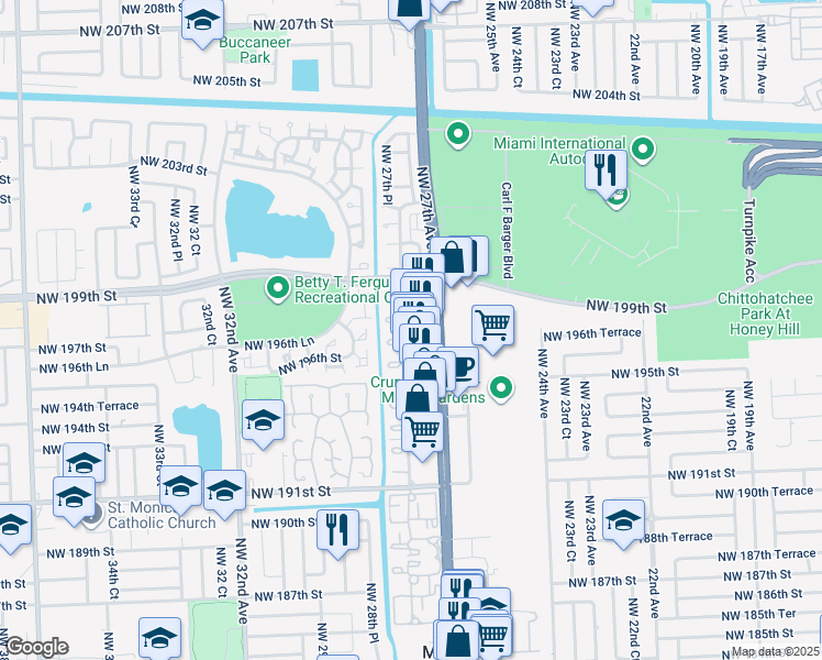 map of restaurants, bars, coffee shops, grocery stores, and more near 19665 Northwest 27th Court in Miami Gardens