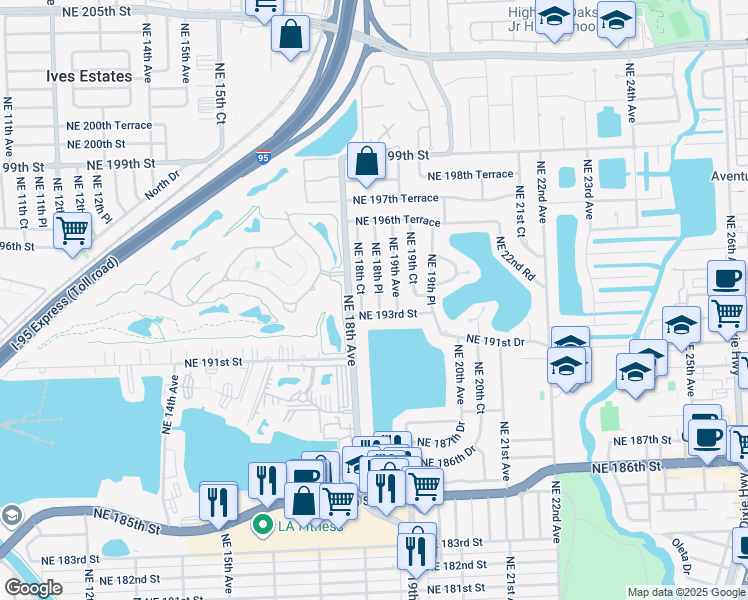 map of restaurants, bars, coffee shops, grocery stores, and more near 1830 Northeast 193rd Street in Miami
