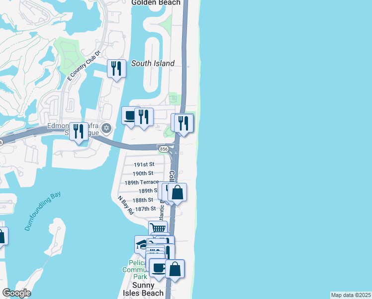 map of restaurants, bars, coffee shops, grocery stores, and more near 19111 Collins Avenue in Sunny Isles Beach