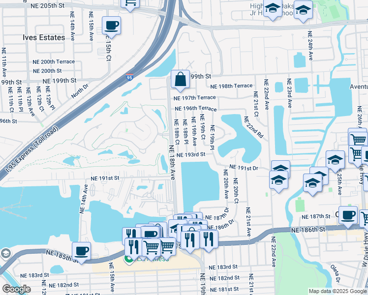 map of restaurants, bars, coffee shops, grocery stores, and more near 1830 Northeast 193rd Street in Miami