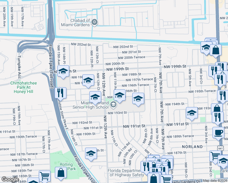 map of restaurants, bars, coffee shops, grocery stores, and more near 1091 Northwest 195th Street in Miami