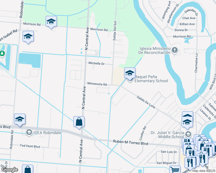 map of restaurants, bars, coffee shops, grocery stores, and more near 4820 Salida De Luna in Brownsville