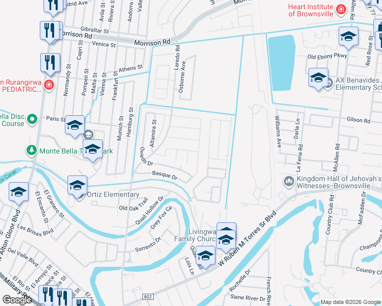 map of restaurants, bars, coffee shops, grocery stores, and more near 3824 North Shore TRL in Brownsville